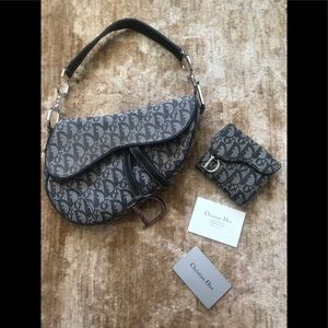 Christian Dior denim blue saddle bag and wallet